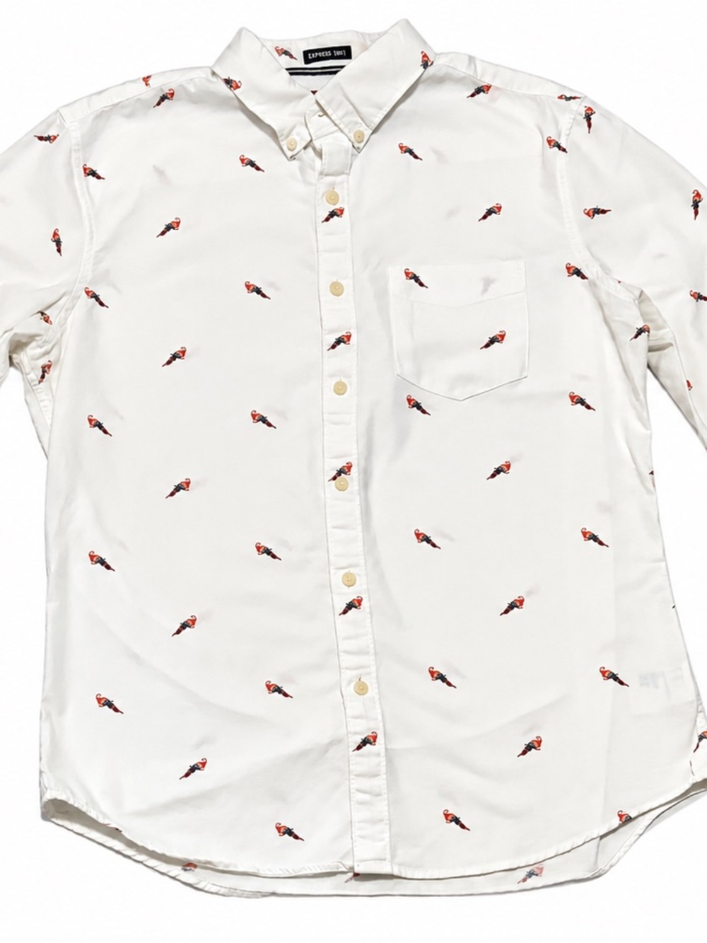 American Eagle Men’s Bird Print Button Down Shirt White Size M